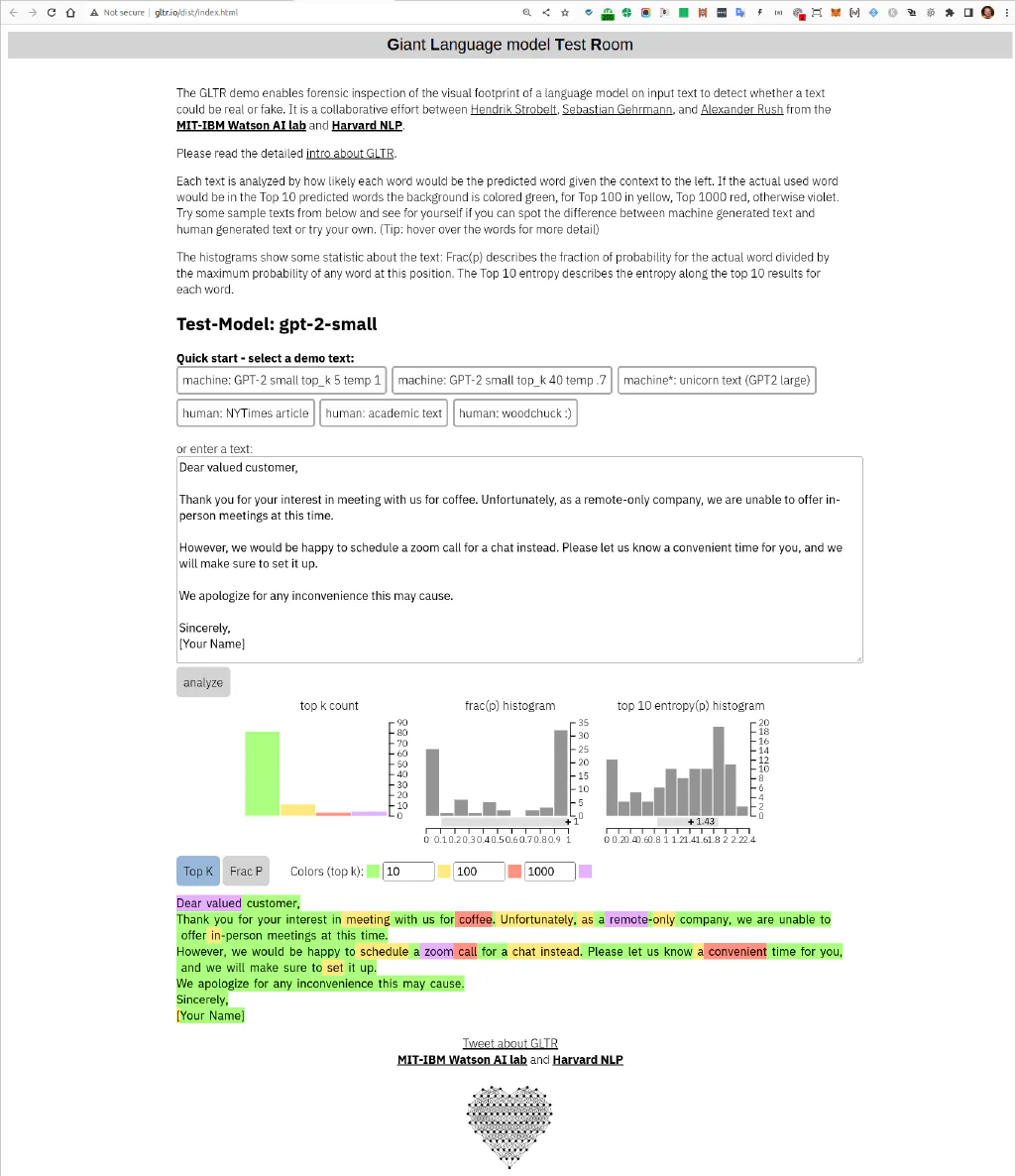 AI Content Detection with GLTR - Giant Language model Test Room fails as well