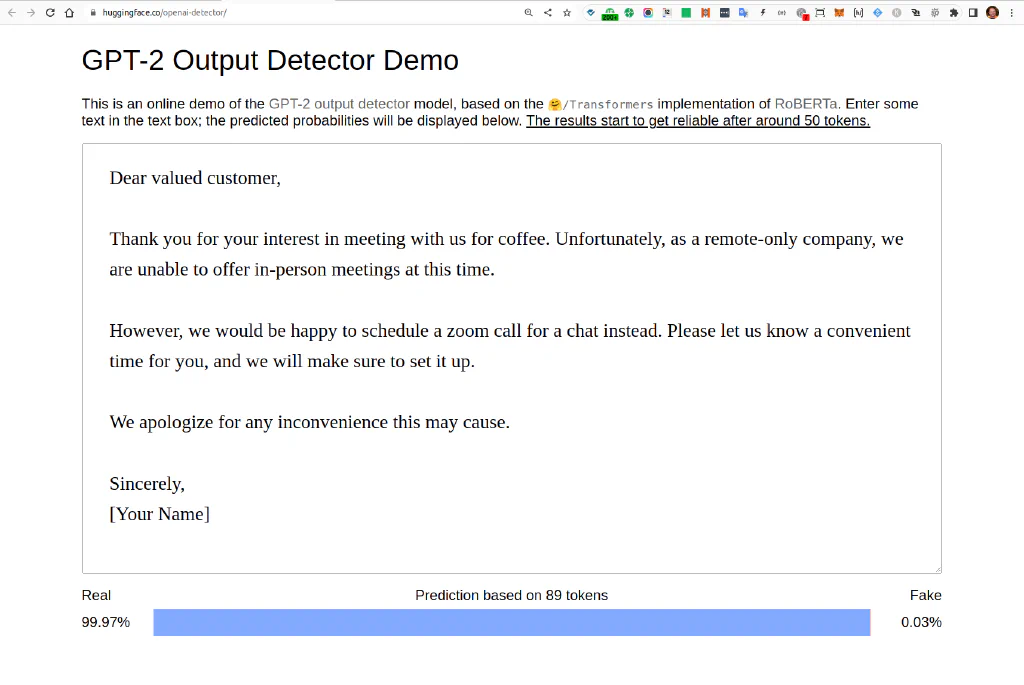 OpenAI GPT2 Content Detector on Huggingface fails