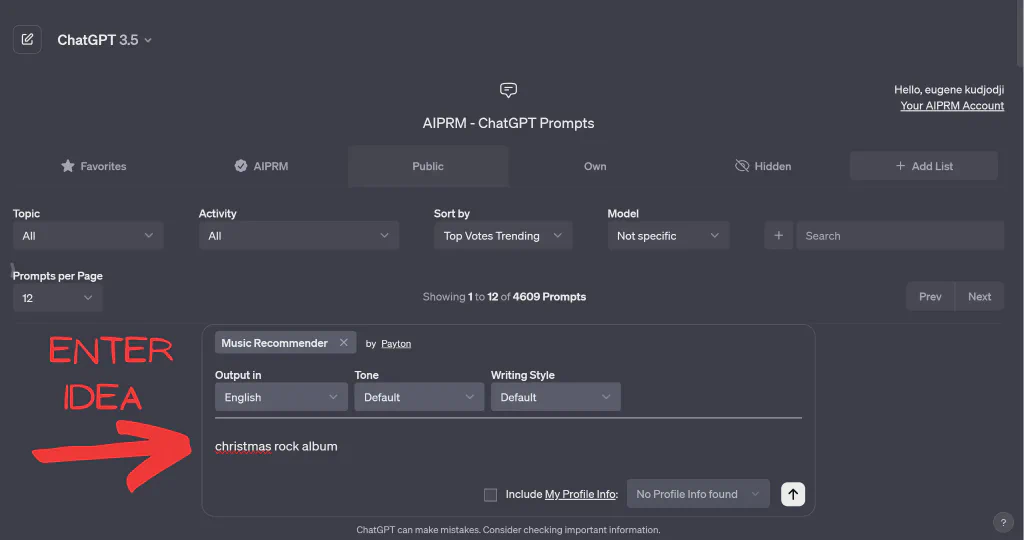 A ChatGPT interface with a red arrow pointing to the input box labeled “ENTER IDEA” showing “christmas rock album” typed in