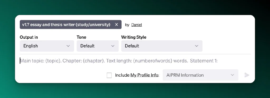 Screenshot of AIPRM Prompt Input for thesis writer