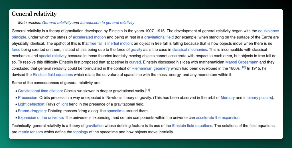 Wikipedia entry for theory of General Relativity