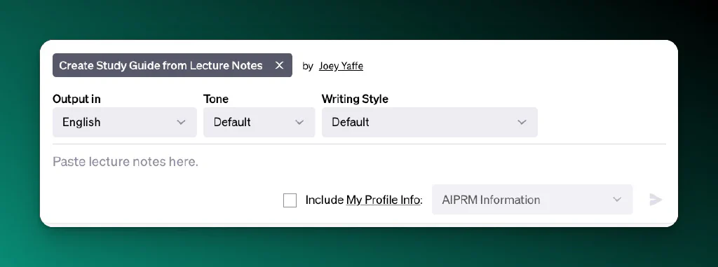 Screenshot of AIPRM input for a lecture notes