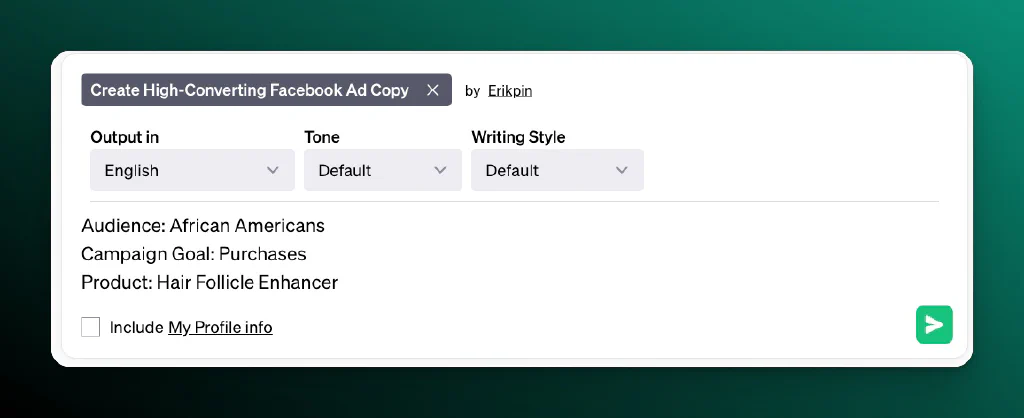 Screenshot of AIPRM Prompt Input for FB Ad Copy