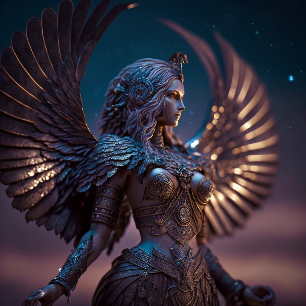 an ancient goddess in bronze armour with wings