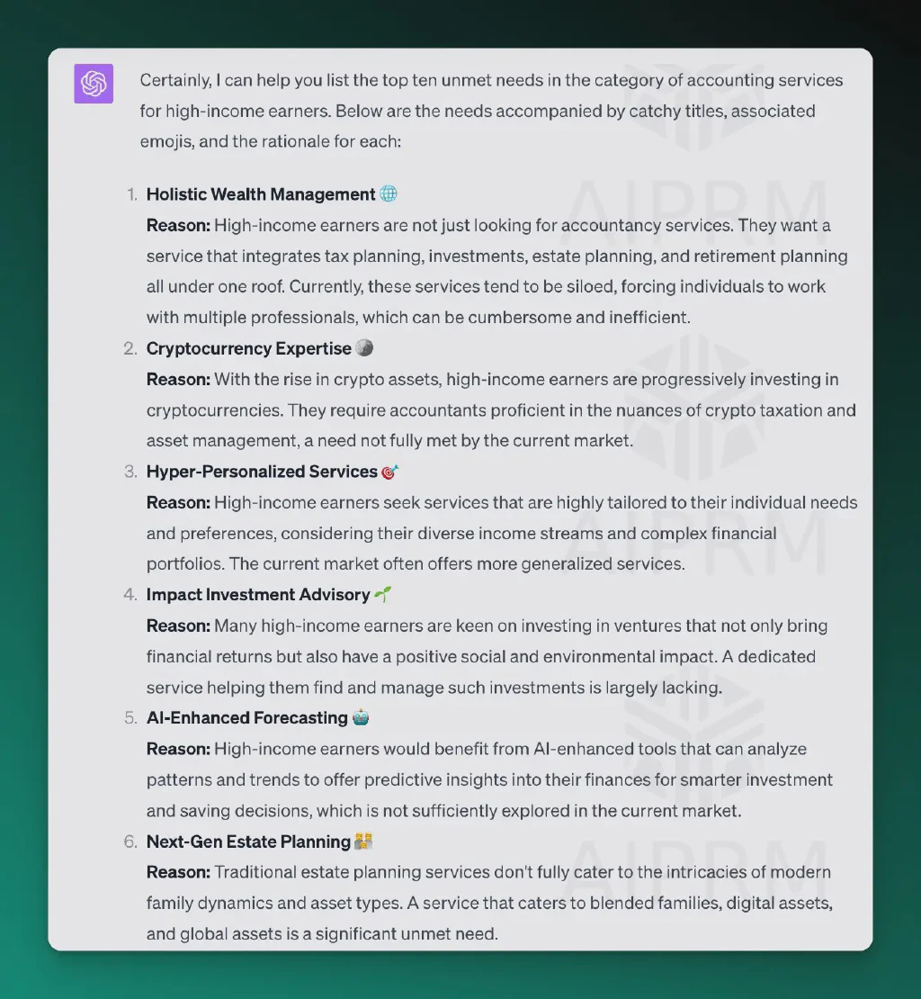 ChatGPT Screenshot of output for finding unmet needs