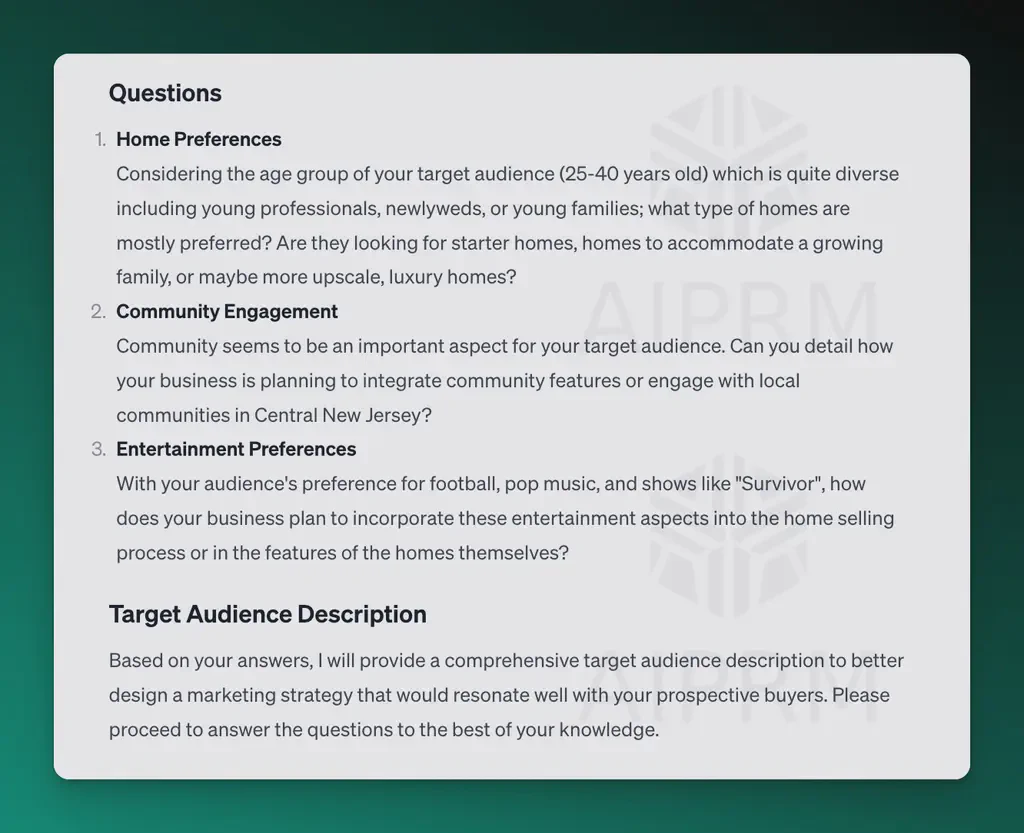 Target Audience Questions AIPRM Screenshot