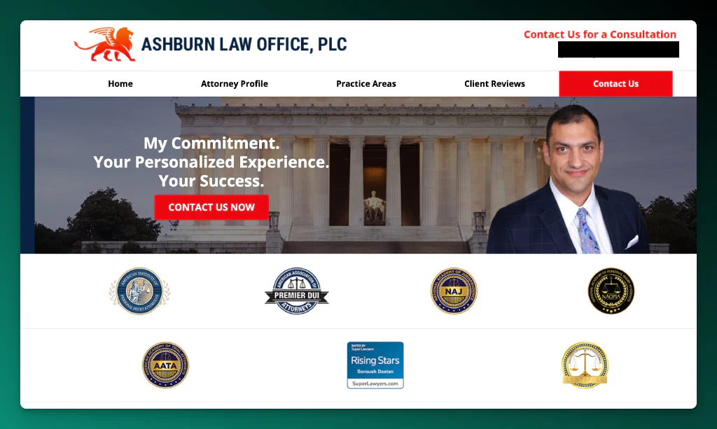 Screenhot of Ashburn Law Office services page for injury lawyer