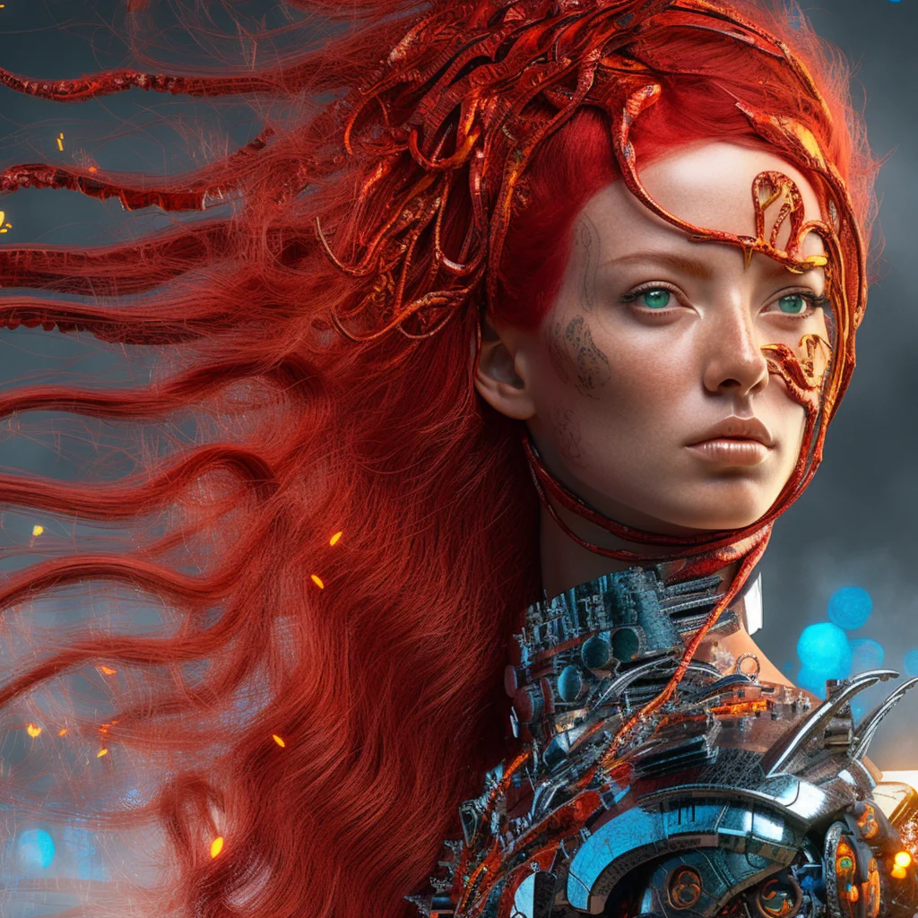 a heroic and futuristic female cyber person with red hair