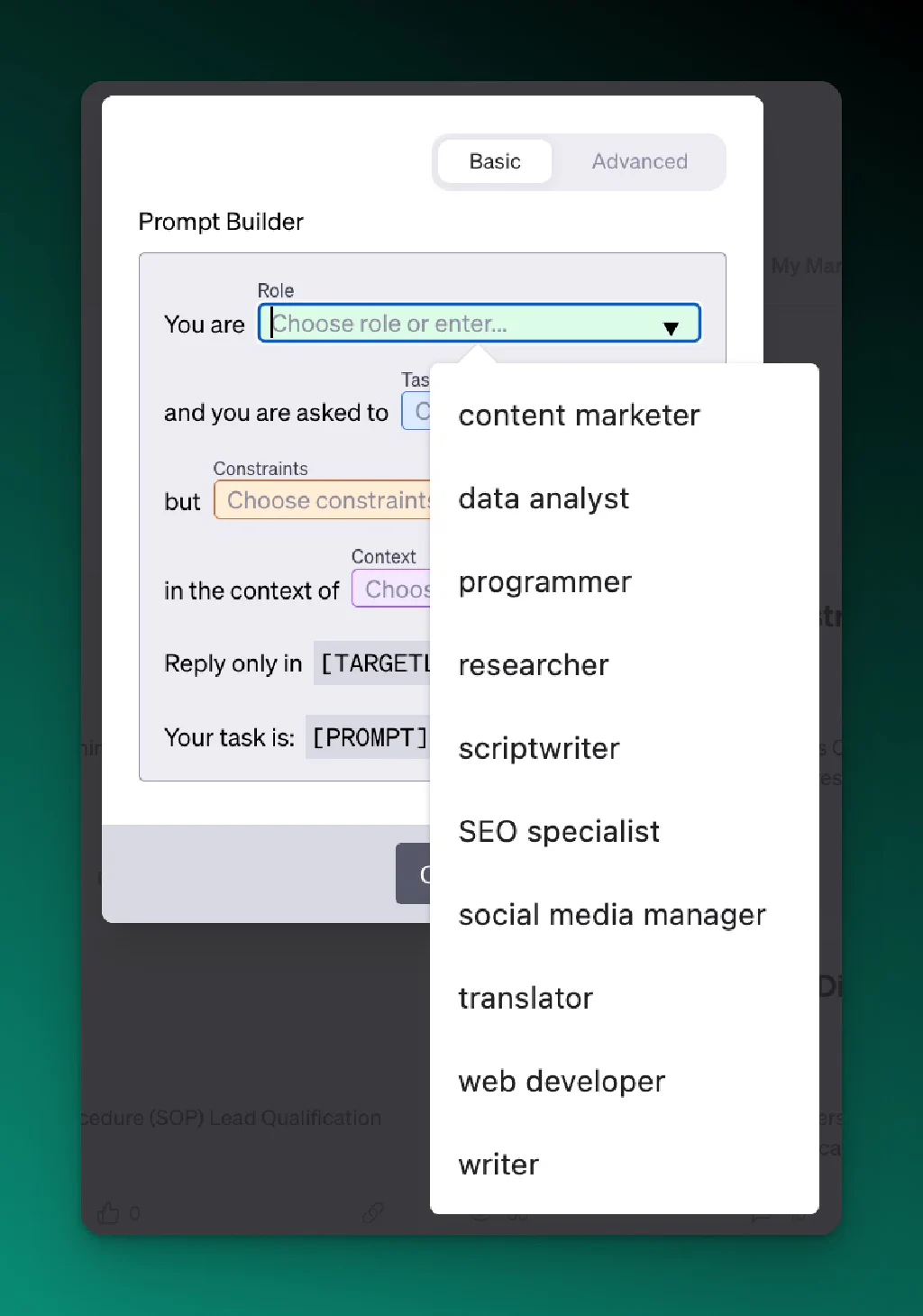 Screenshot of AIPRM&rsquo;s Prompt Wizard - Drop down options