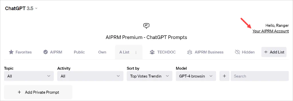 AIPRM dashboard account link