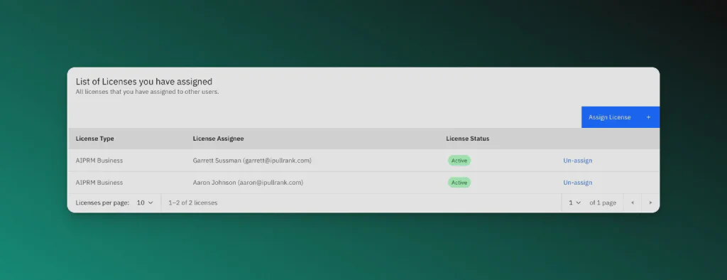 Screenshot der zugewiesenen Lizenzen in AIPRM.