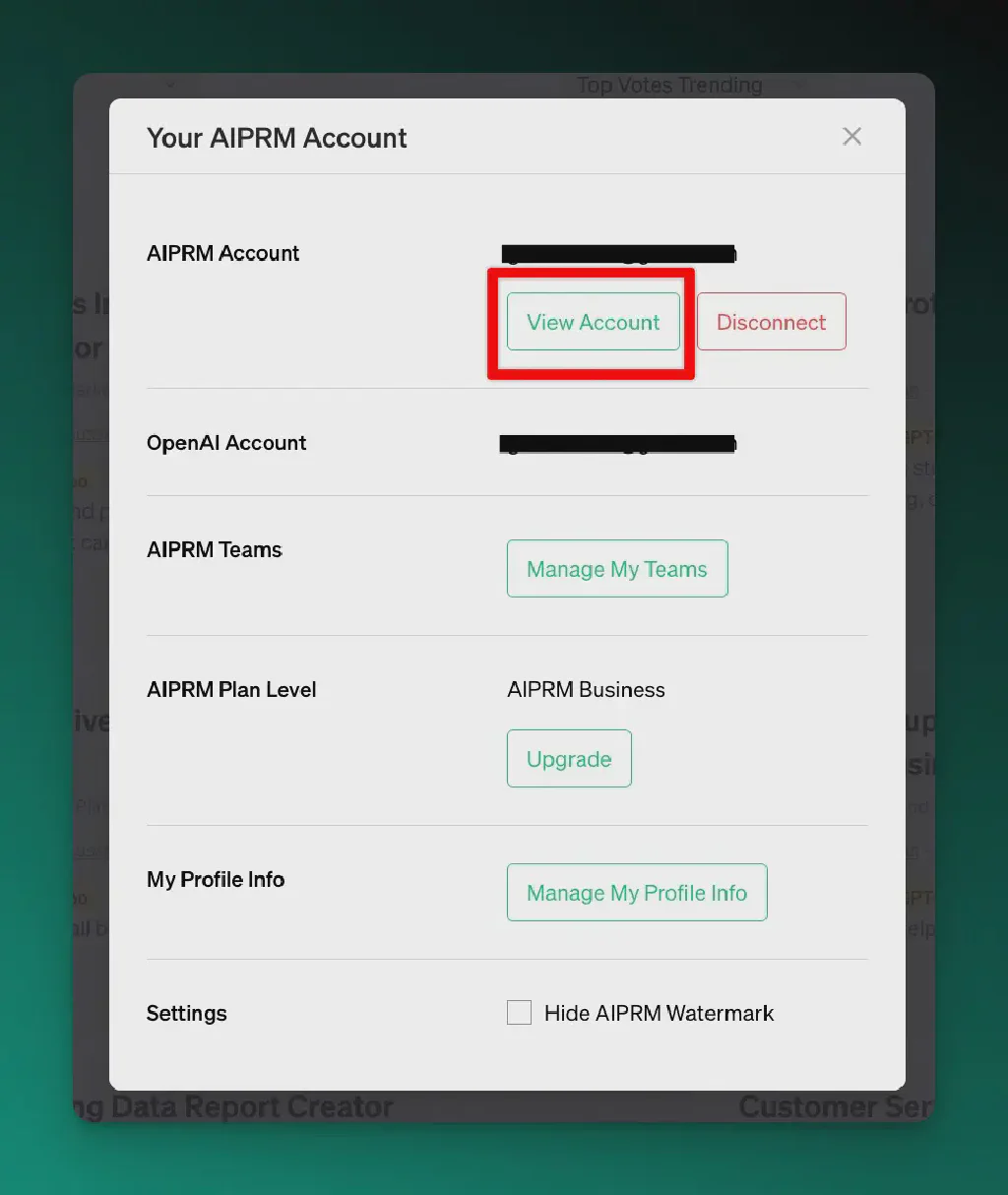 Screenshot des AIPRM-Verwaltungsmodals mit hervorgehobenem Konto anzeigen.
