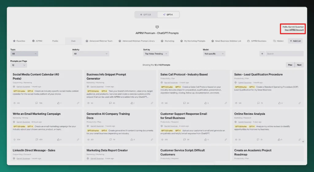 Screenshot von AIPRM mit hervorgehobenem Kontolink.