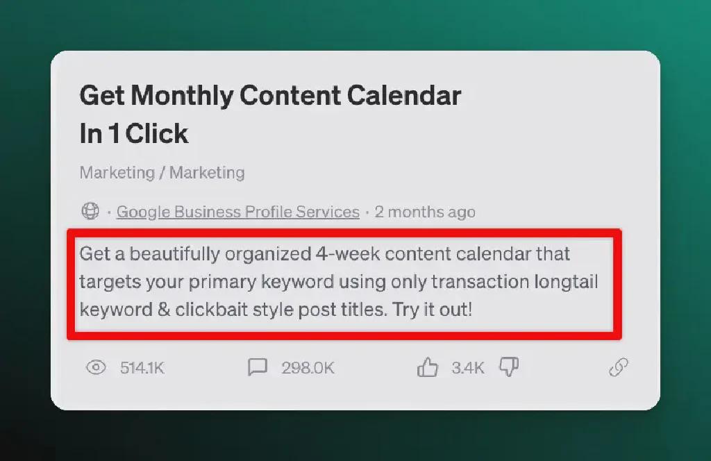 Screenshot einer AIPRM Prompt-Vorlage Prompt-Teaser-Beschreibung für einen Content-Kalender-Prompt