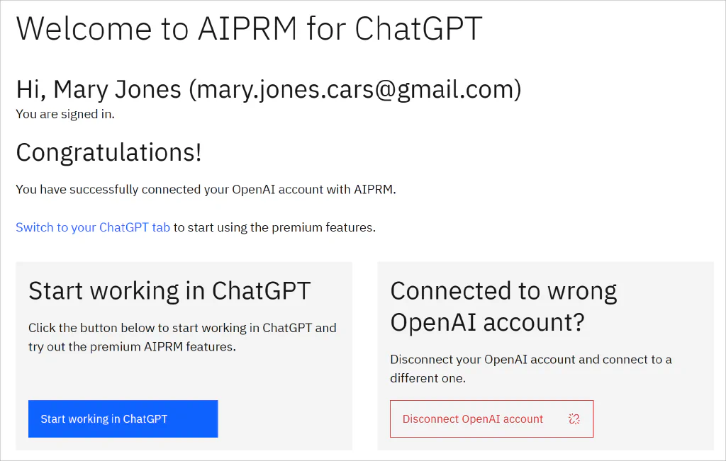 Screenshot of AIPRM Welcome page with the Start working with ChatGPT button.