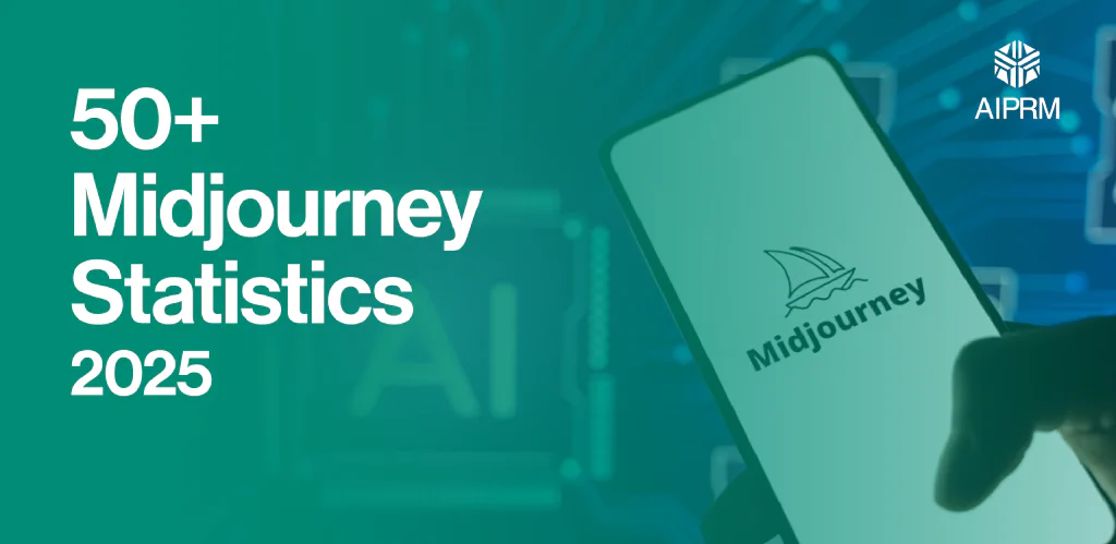 Feature image of the Midjourney app with the text ‘50+ Midjourney Statistics 2025’.
