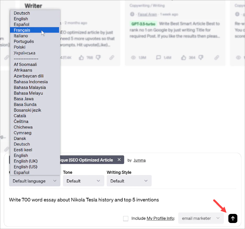 Screenshot of the AIPRM language menu and arrow pointing to the ChatGPT Send Message button