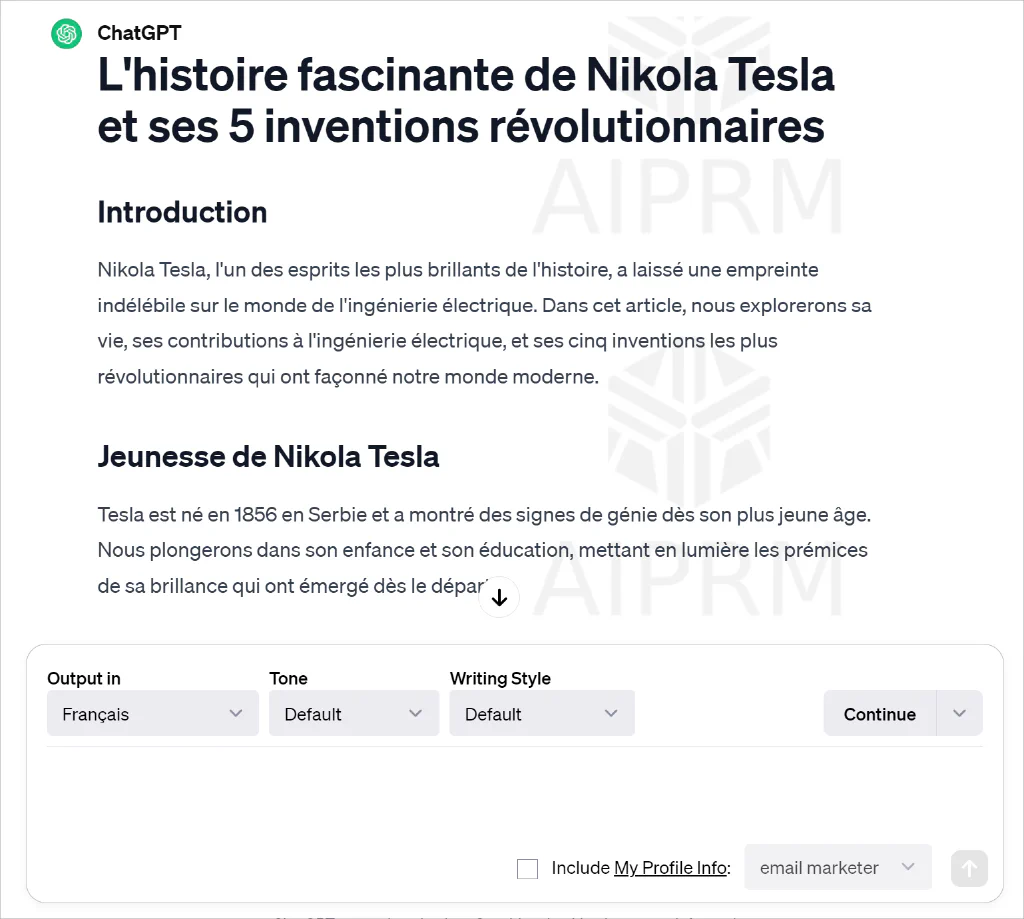 Screenshot of the ChatGPT text output in French language