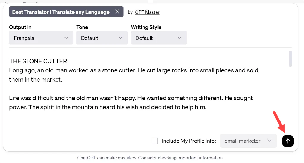 Screenshot of text pasted into the text field and an arrow pointing to the ChatGPT Send message button