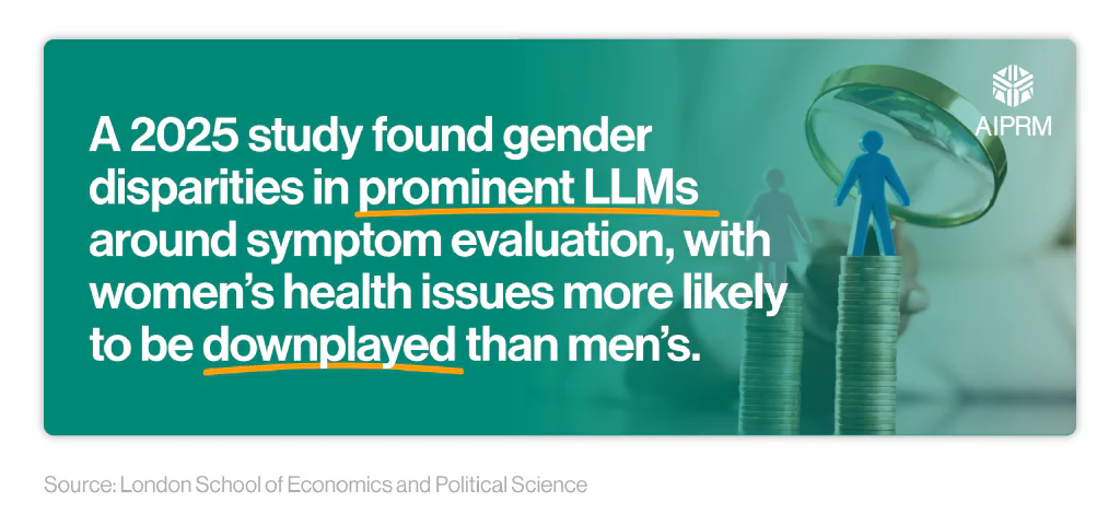 Mini infographic talking about the disparities in health evaluation among genders by prominent LLMs.