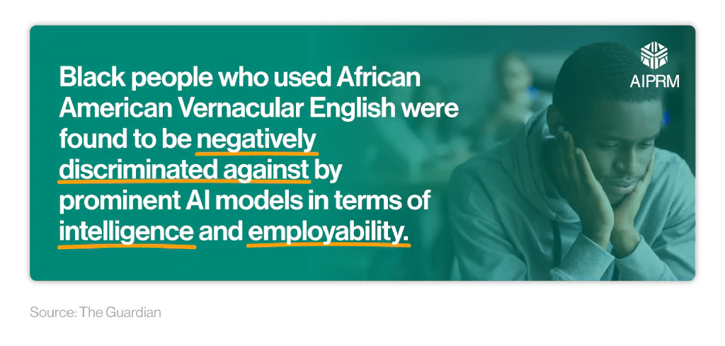 Mini infographic talking about the discrimination of Black people using African American Vernacular English by certain AI models.