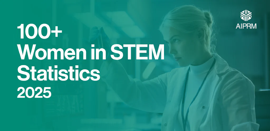 A feature image showing a woman working in a science lab alongside the title &lsquo;100+ Women in STEM Statistics 2025&rsquo;.