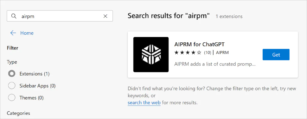 Captura de pantalla de la página del complemento Edge con el botón Obtener AIPRM