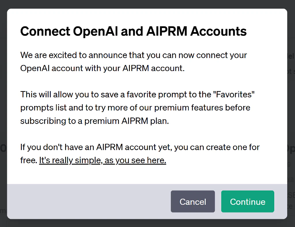 Captura de pantalla de un modal de AIPRM con un botón Continuar