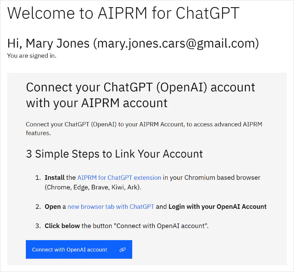 Captura de pantalla de la página de bienvenida de AIPRM con el botón Conectar con OpenAI