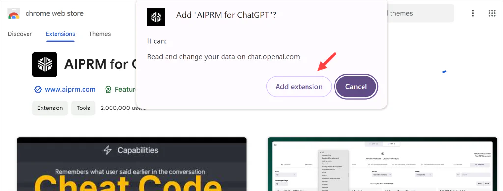 Captura de pantalla de la página de extensión de AIPRM Chrome con una flecha apuntando al botón Añadir extensión