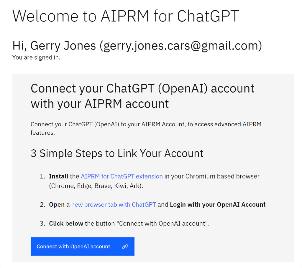 Captura de pantalla de la página de instalación de la extensión AIPRM para Chrome con el botón Conectar con OpenAI