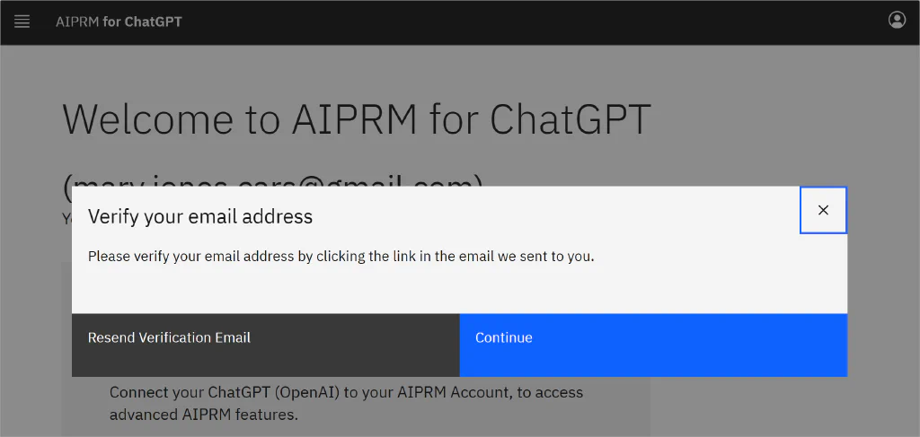 Captura de pantalla de la página Bienvenido a AIPRM con el botón Continuar