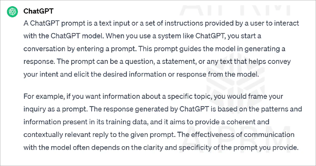 Captura de pantalla de una respuesta de ChatGPT a la pregunta ¿qué es un prompt?