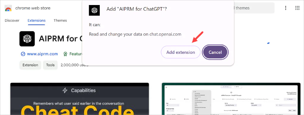 Capture d&rsquo;écran de la page de l&rsquo;extension Chrome de l&rsquo;AIPRM avec une flèche pointant vers le bouton Ajouter une extension