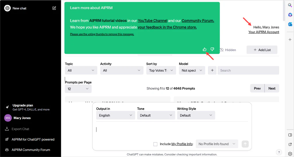 Capture d&rsquo;écran de la page ChatGPT avec une flèche pointant vers le lien du compte AIPRM.