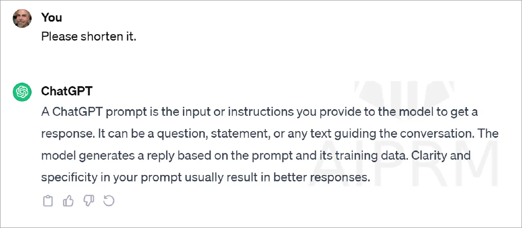 Capture d&rsquo;écran d&rsquo;une réponse plus courte de ChatGPT
