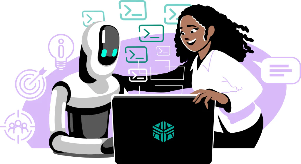 Illustration of a robot sitting at a computer crafting marketing prompts, highlighting the automation of the prompt creation process.