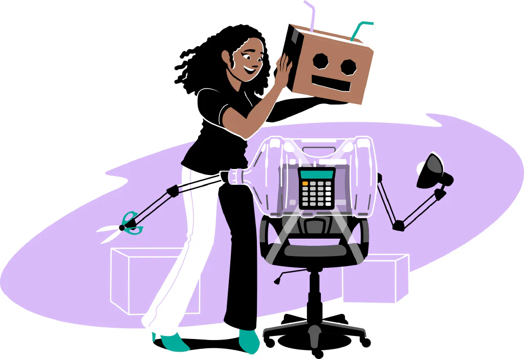 A digital illustration of a person putting the head on the robot. Visualize like they were building the robot from scratch with tools on the grounds around the robot.