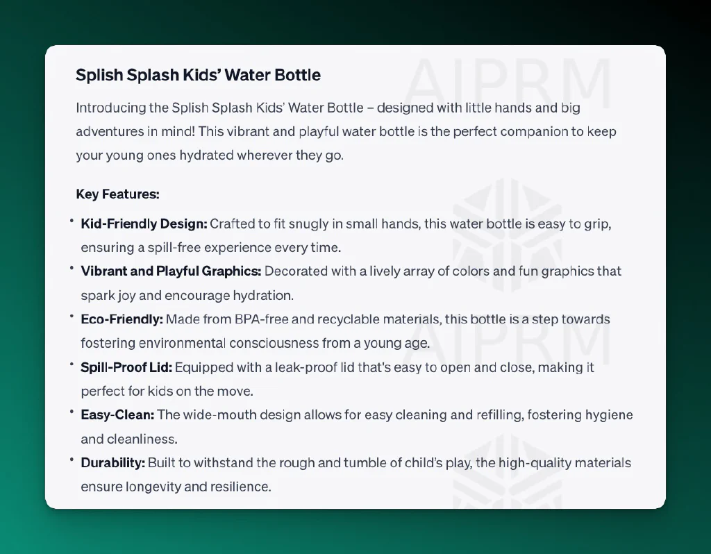 ChatGPT screenshot of output for a water bottle product description: