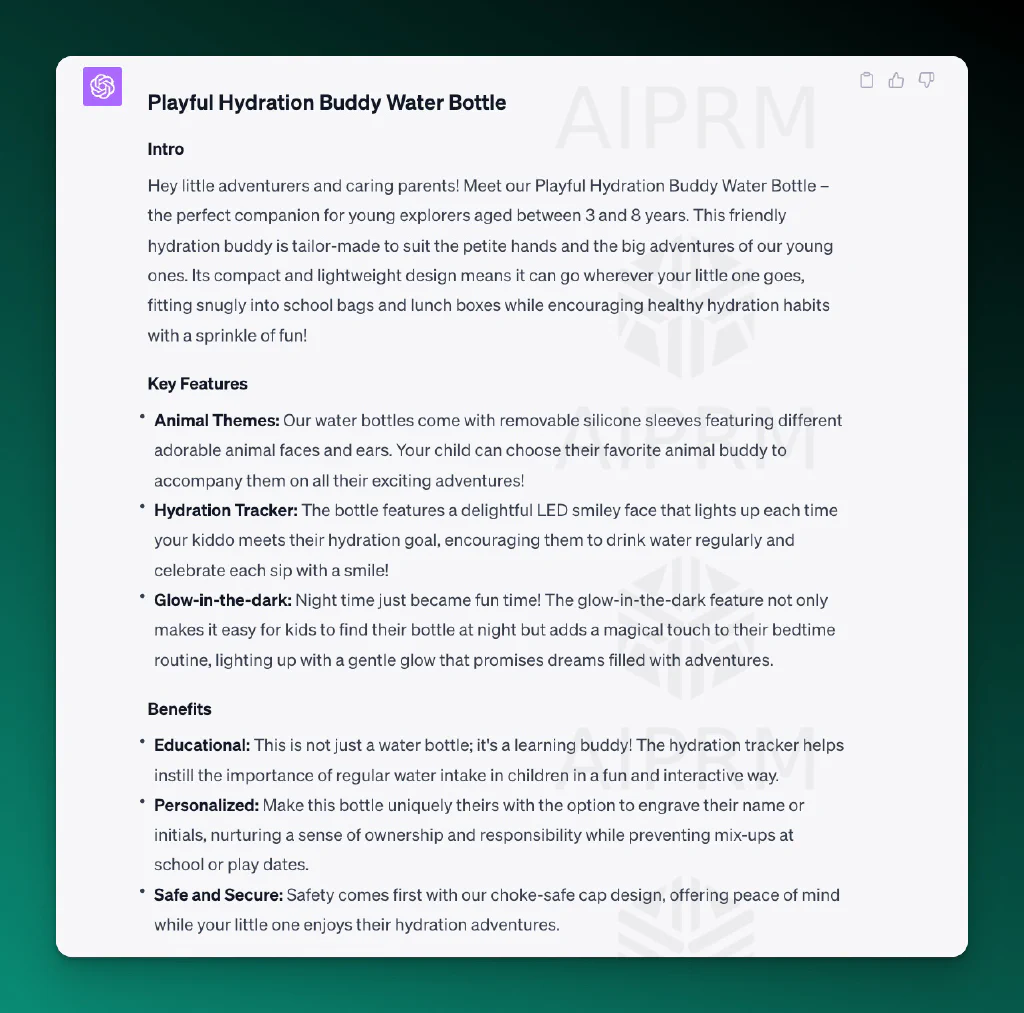 Screenshot of an output in ChatGPT for a product description of a water bottle:.