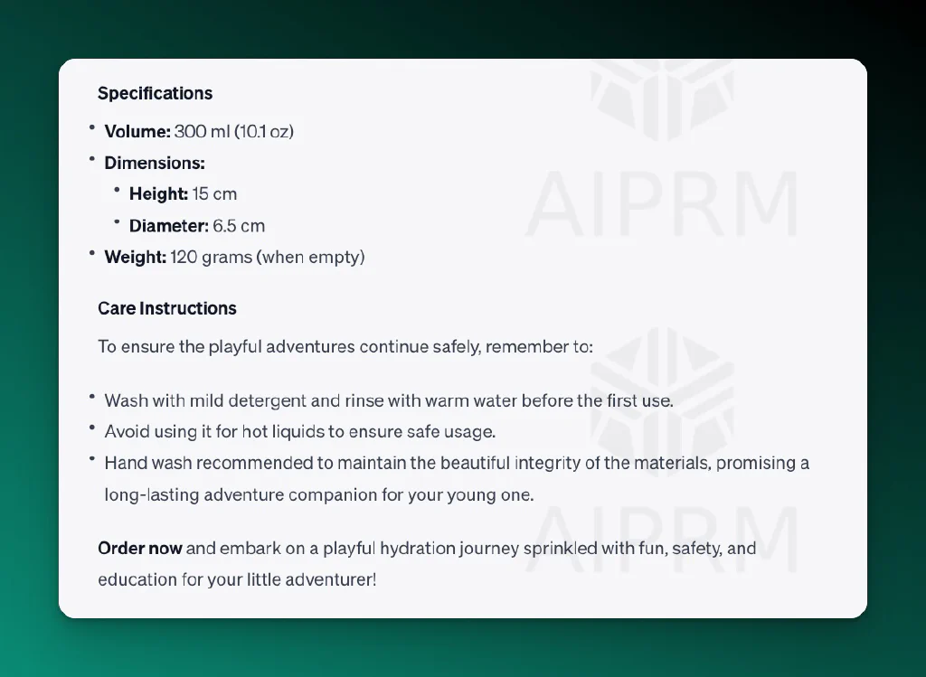 Screenshot of an output in ChatGPT for a product description of a water bottle: