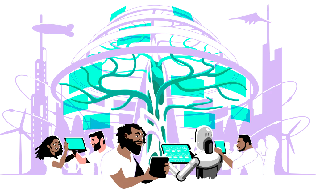 Digital Illustration of people on devices in front of a futuristic tree in a futuristic city.