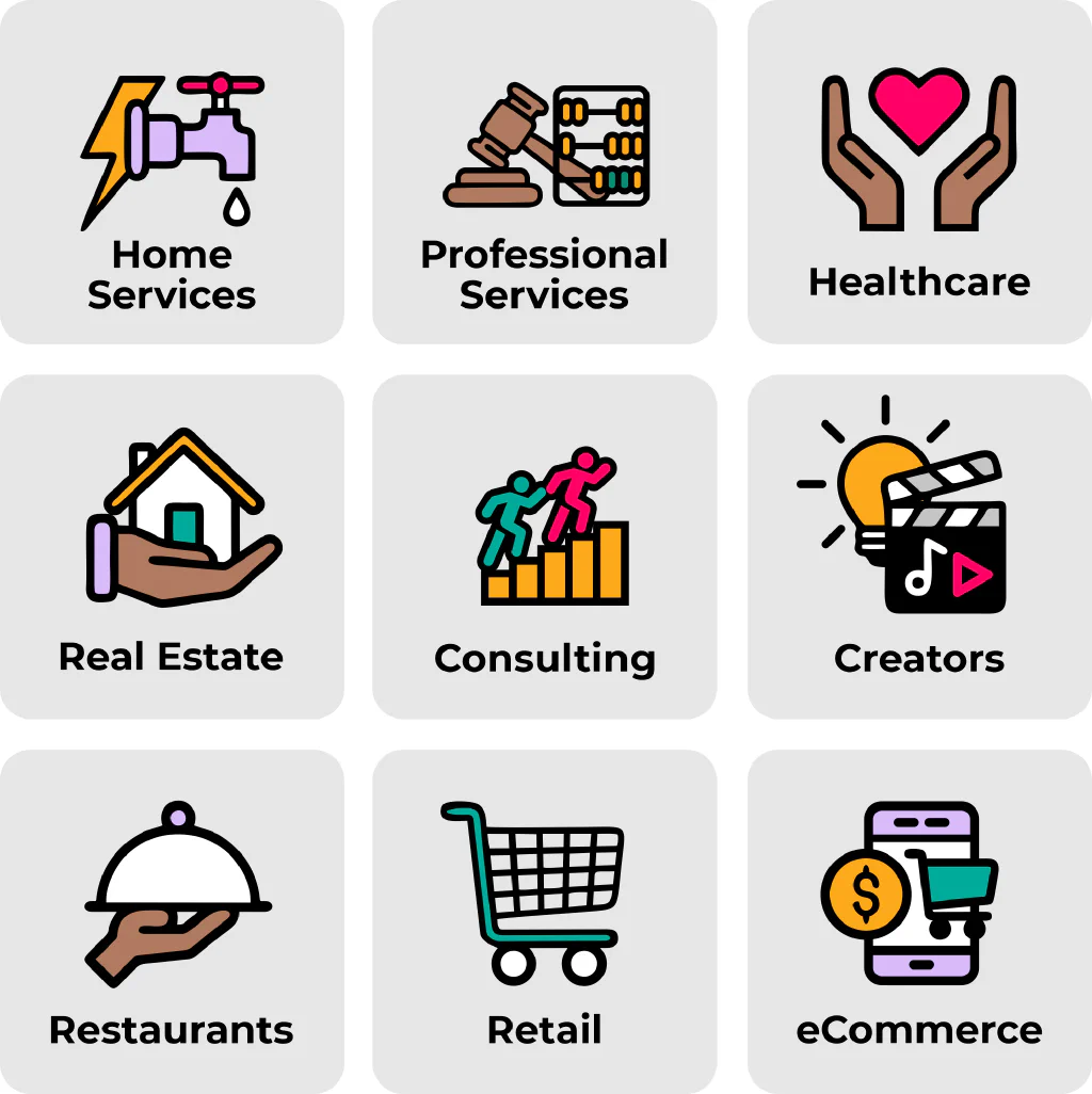 A 3x3 Grid of industries with accompanied icons: Home Services, Professional Services, Healthcare, Real Estate, Consulting, Creators, Restaurants, Retail, and eCommerce.