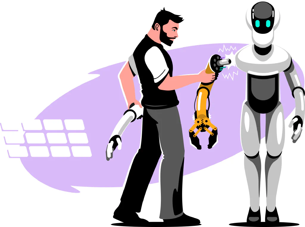A digital illustration of a person replacing a robot&rsquo;s arm with a different colored arm, but has a claw at the end of it.