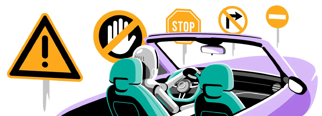 A digital illustration of a robot in a car. On the side of the road, many signs with stop, warning, don&rsquo;t, etc.
