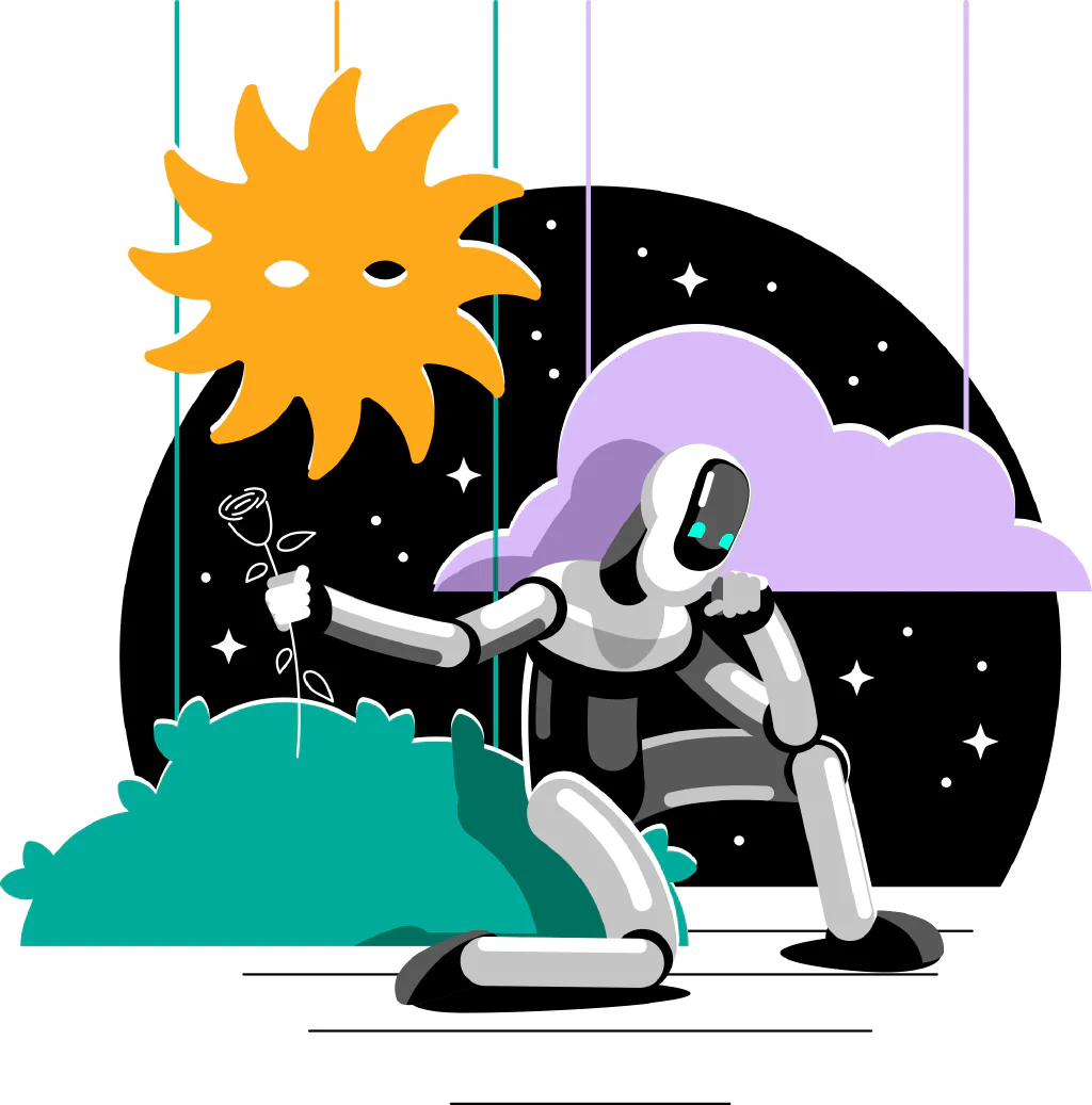 An illustration of a robot on a stage with a play set of sun and clouds behind it.