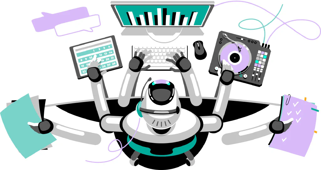 An illustration of a robot doing many tasks on a computer.
