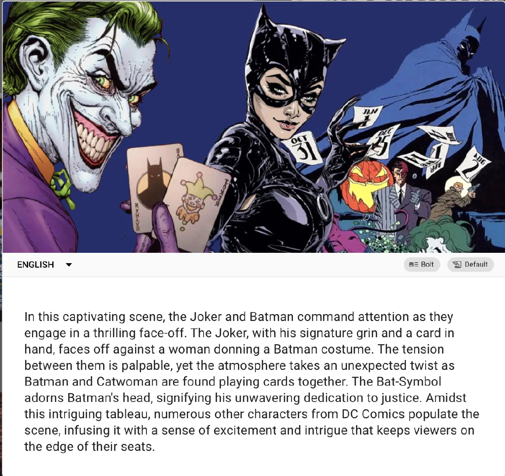 A screenshot of SceneXplain&rsquo;s ability to describe the illustration of the Joker, Catwoman, and Batman:.