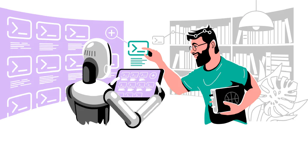 A digital illustration in a futuristic, well-lit library, a sleek modern robot stands beside a large, floating digital screen displaying a grid of prompts in an organized manner. The robot, acting as a librarian, holds a tablet that mirrors a section of the screen, showcasing it&rsquo;s in control of managing the prompt library. On the other side, a human hand interacts with a digital panel, dragging a new prompt into the grid on the large screen, illustrating the collaborative effort in building the prompt library. The setting merges the warmth of a traditional library with the advanced technology, representing the synthesis of the past and the future in the endeavor of knowledge management and prompt library creation.