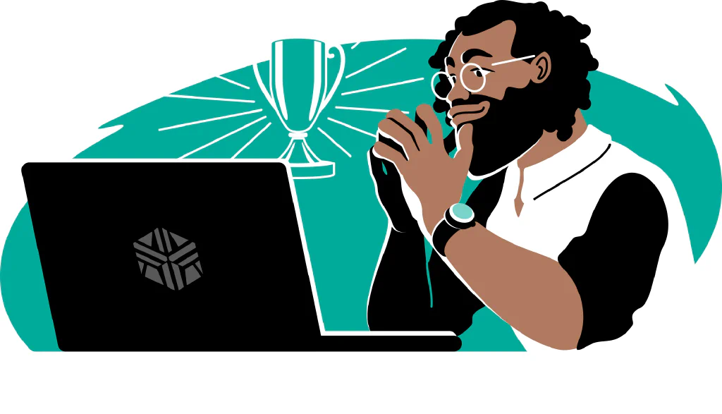 A digital illustration of a person looking at a computer and picking his goal with a trophy in the background.